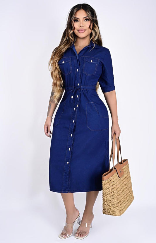 Vestido Denim Midi™ – Silueta Ajustable y Estilo Elegante