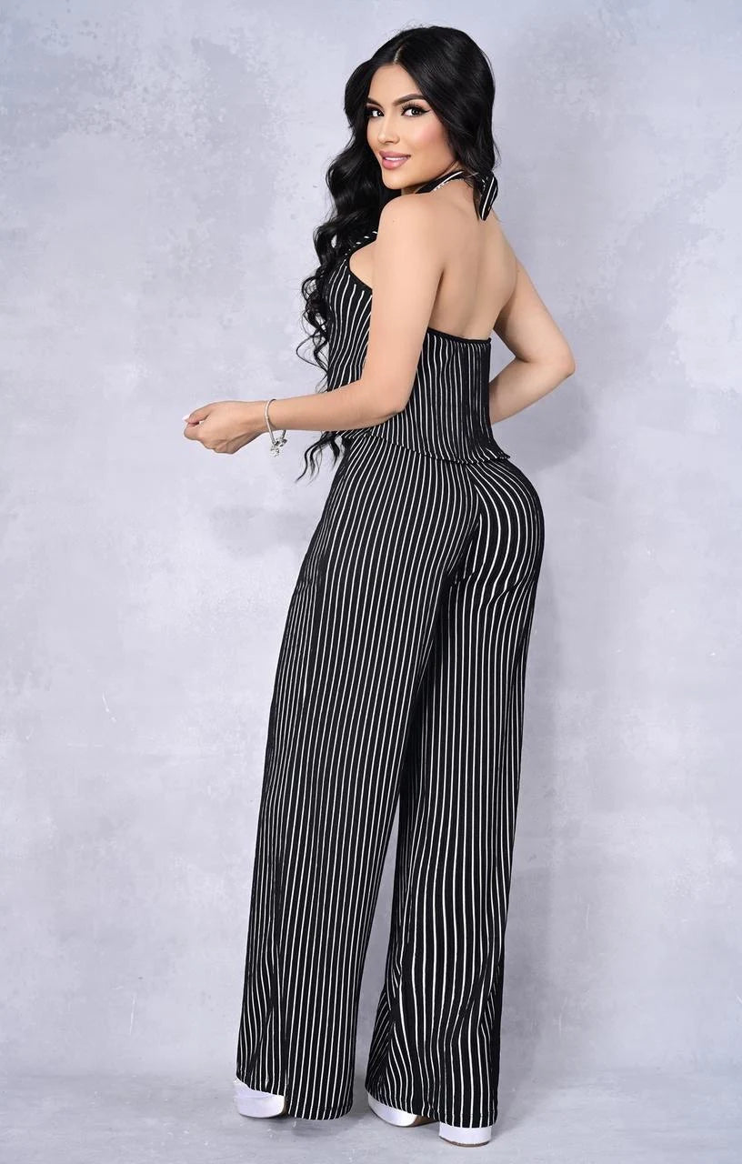 Conjunto Pantalona Halter “Alexa Elegance™” – Diseño de Rayas que Estiliza la Silueta