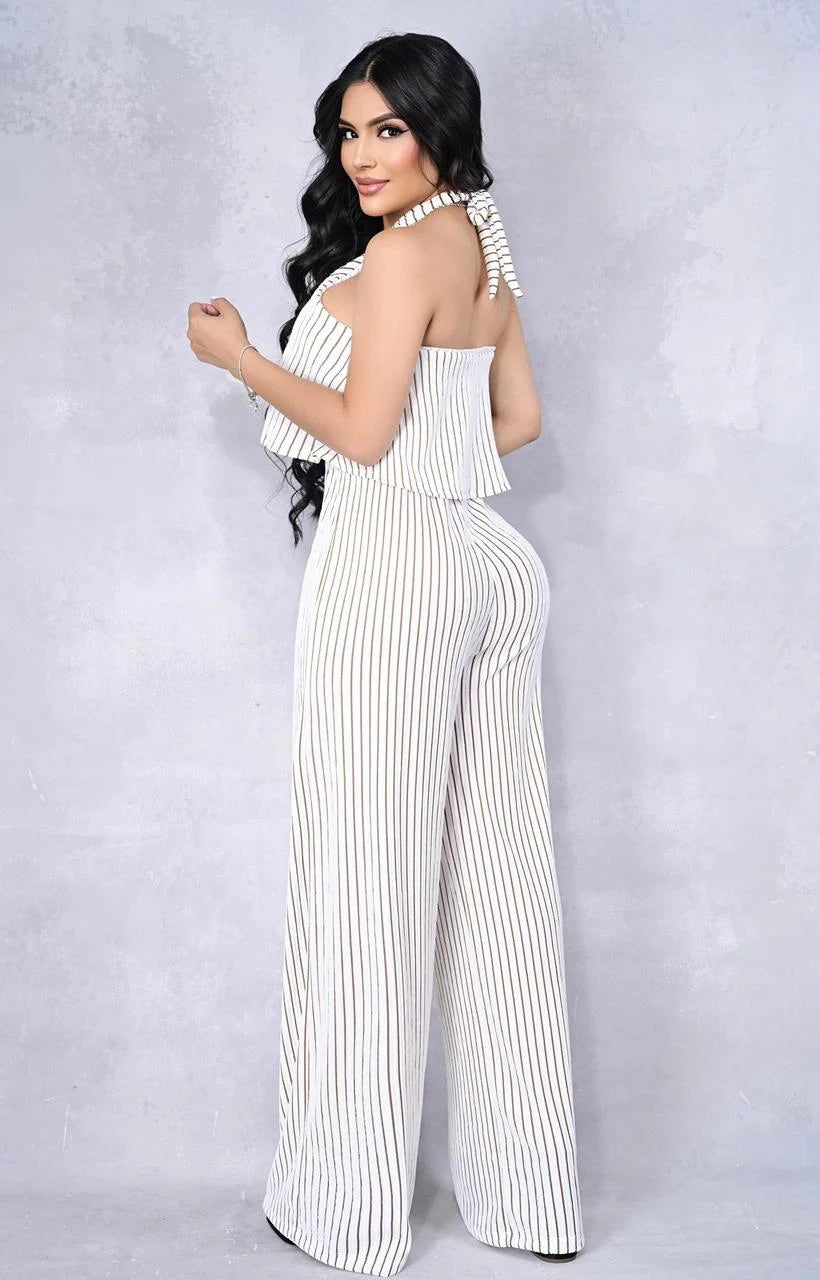 Conjunto Pantalona Halter “Alexa Elegance™” – Diseño de Rayas que Estiliza la Silueta