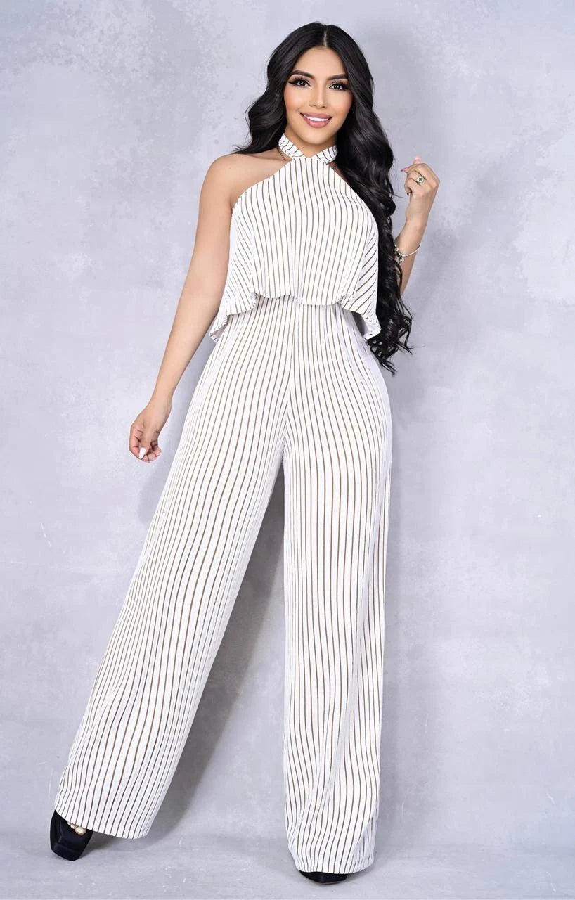 Conjunto Pantalona Halter “Alexa Elegance™” – Diseño de Rayas que Estiliza la Silueta