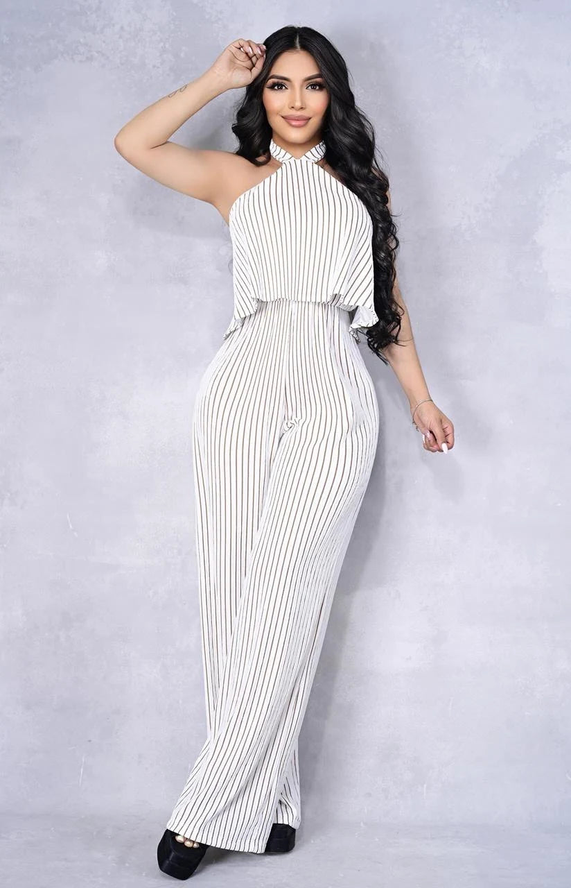Conjunto Pantalona Halter “Alexa Elegance™” – Diseño de Rayas que Estiliza la Silueta