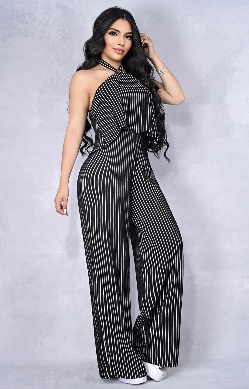 Conjunto Pantalona Halter “Alexa Elegance™” – Diseño de Rayas que Estiliza la Silueta